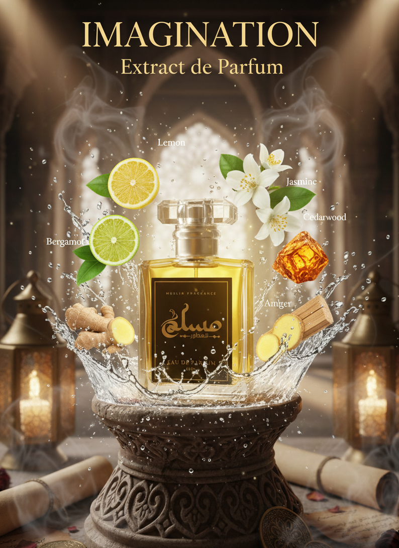 “IMAGINATION perfume bottle 50ml with crystal cap and ‘Musk Perfumes’ logo, light sky-blue liquid, surrounded by bergamot, lemon, ginger, tea, marine notes, amber and cedarwood in a fresh bright airy atmosphere.”