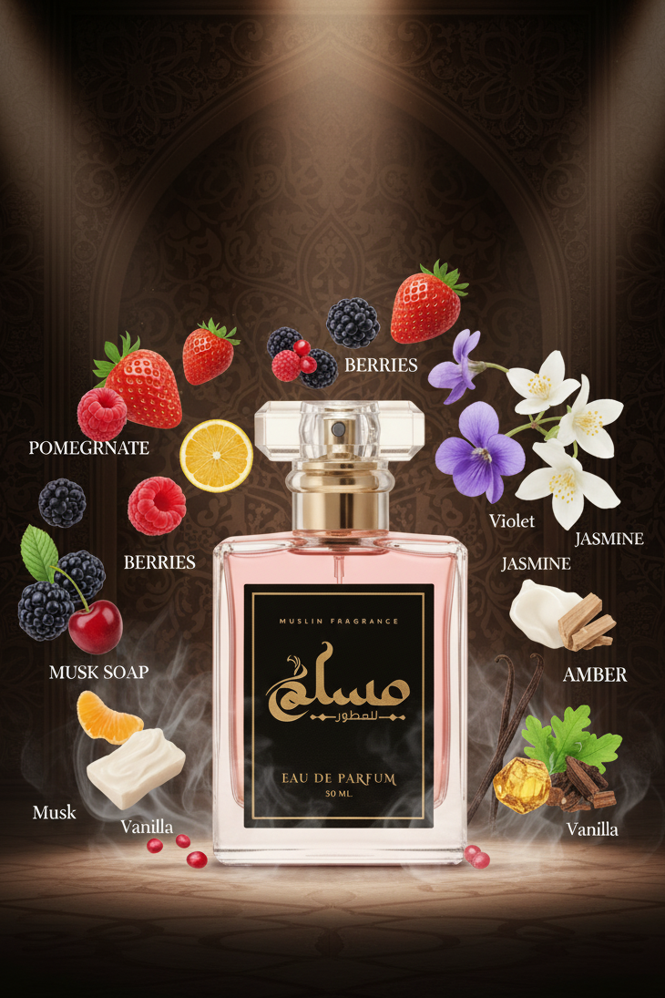 “MIX SAADA perfume bottle 50ml with crystal cap surrounded by pomegranate, musk, strawberry, raspberry, and Burberry Her floral fruity notes in a bright pink, clean, joyful atmosphere.”