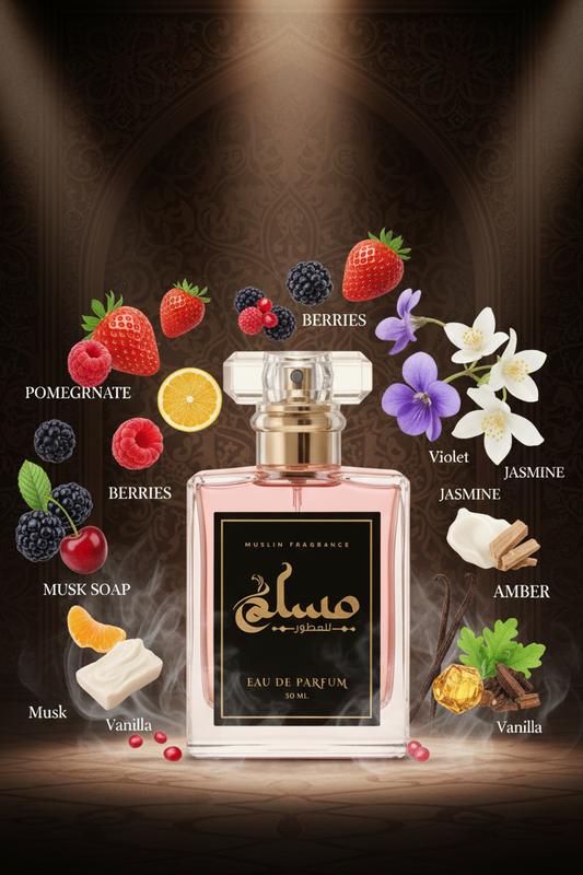 “MIX SAADA perfume bottle 50ml with crystal cap surrounded by pomegranate, musk, strawberry, raspberry, and Burberry Her floral fruity notes in a bright pink, clean, joyful atmosphere.”