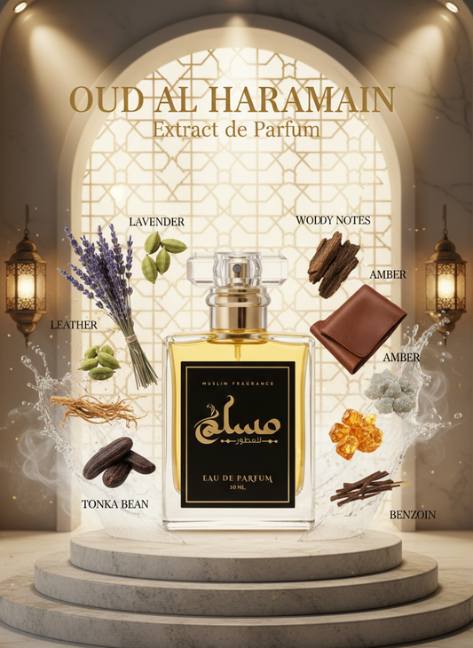 “OUD AL HARAMAIN perfume bottle 50ml with crystal cap, dark golden amber liquid, surrounded by cardamom, lavender, leather, amber, tonka, vetiver, ambergris, and benzoin in a rich oriental luxurious atmosphere.”